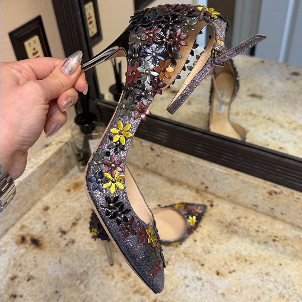 Jimmy Choo Floral Embellished Lorelai glitter heels 38.5 - Picture 10 of 17